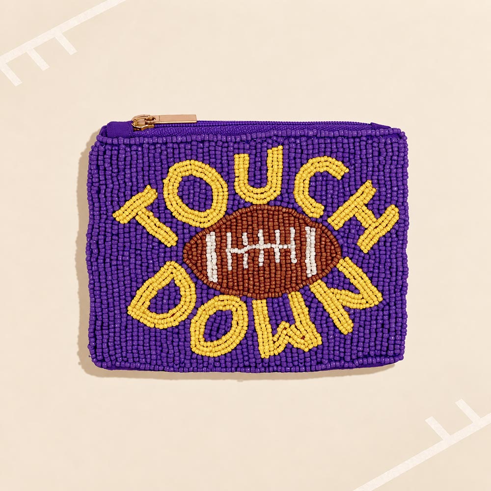 TOUCH DOWN Football Game Day  Purple & Yellow Seed Beaded Mini Pouch Bag M H W ACCESSORIES LLC TOUCH DOWN Football Game Day  Purple & Yellow Seed Beaded Mini Pouch Bag