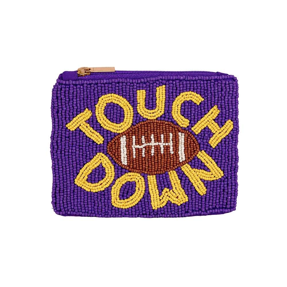 TOUCH DOWN Football Game Day  Purple & Yellow Seed Beaded Mini Pouch Bag M H W ACCESSORIES LLC TOUCH DOWN Football Game Day  Purple & Yellow Seed Beaded Mini Pouch Bag
