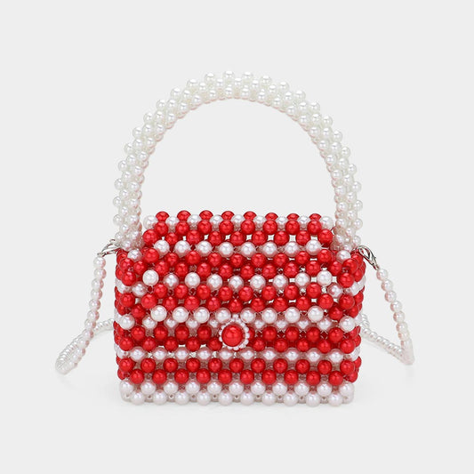 Red & White Pearl Beaded Mini Top Handle Handbag / Crossbody Bag
