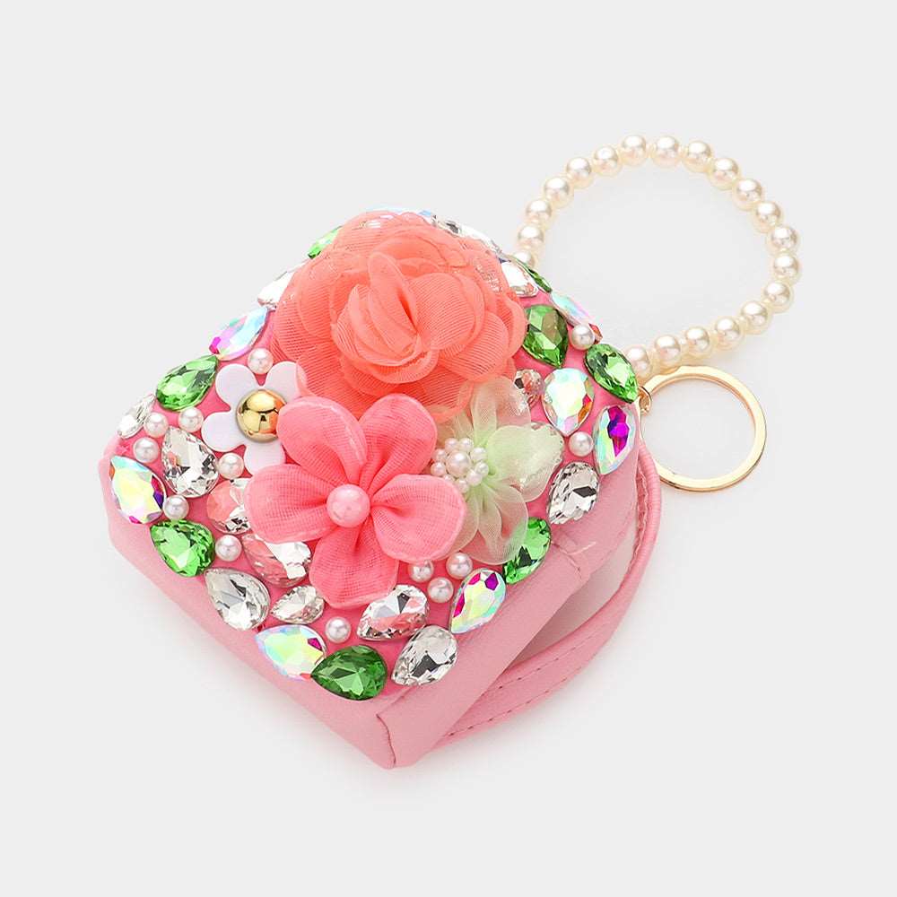 Pink Flower Stone Embellished Pearl Keychain - M H W ACCESSORIES LLC