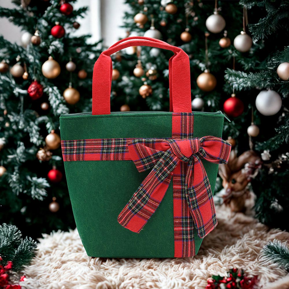 Green Plaid Bow Accent Christmas Festive Tote Bag M H W ACCESSORIES LLC Green Plaid Bow Accent Christmas Festive Tote Bag