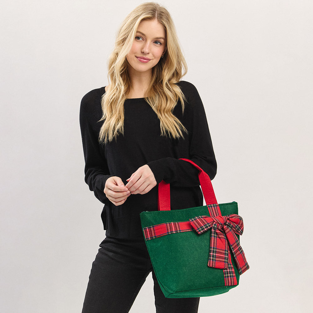 Green Plaid Bow Accent Christmas Festive Tote Bag M H W ACCESSORIES LLC Green Plaid Bow Accent Christmas Festive Tote Bag