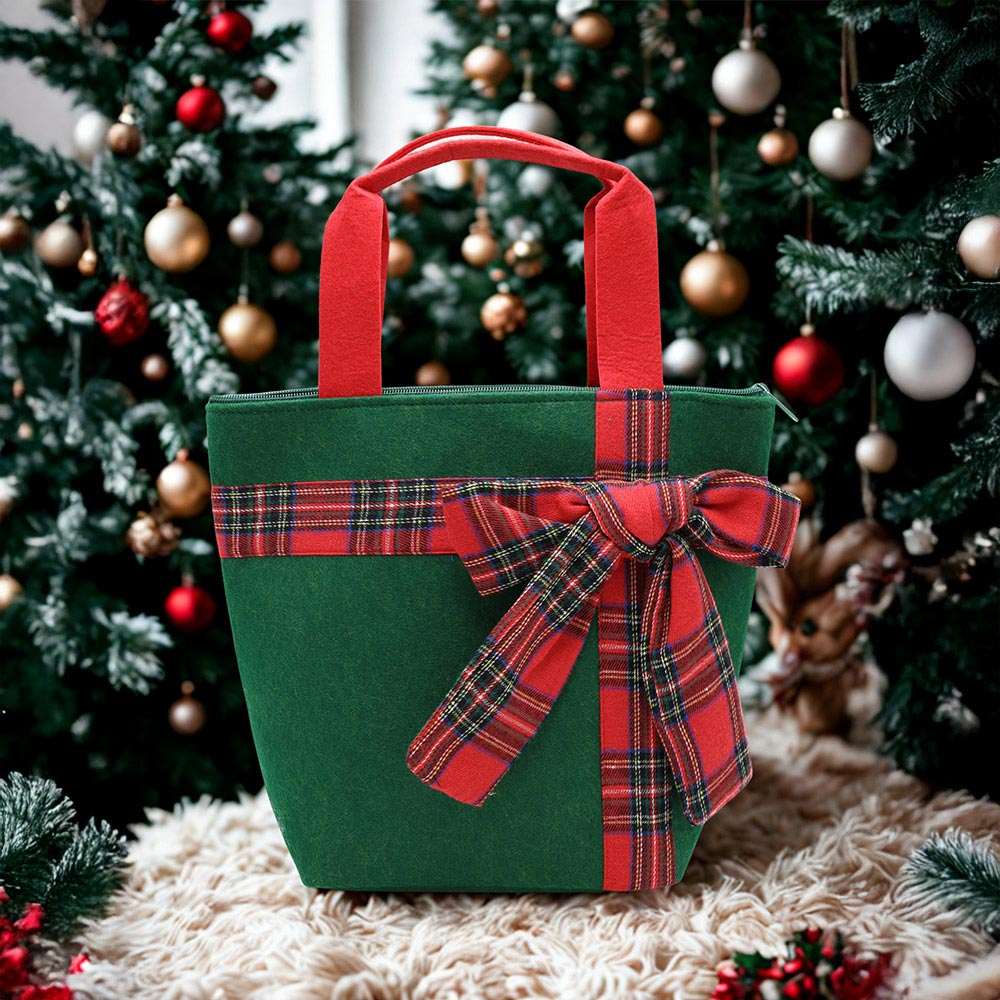 Green Plaid Bow Accent Christmas Festive Tote Bag M H W ACCESSORIES LLC Green Plaid Bow Accent Christmas Festive Tote Bag