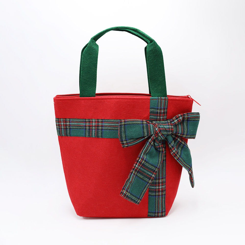 Red Plaid Bow Accent Christmas Festive Tote Bag M H W ACCESSORIES LLC Red Plaid Bow Accent Christmas Festive Tote Bag