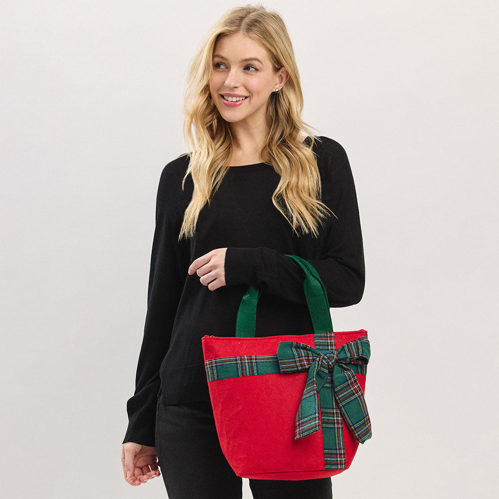Red Plaid Bow Accent Christmas Festive Tote Bag M H W ACCESSORIES LLC Red Plaid Bow Accent Christmas Festive Tote Bag