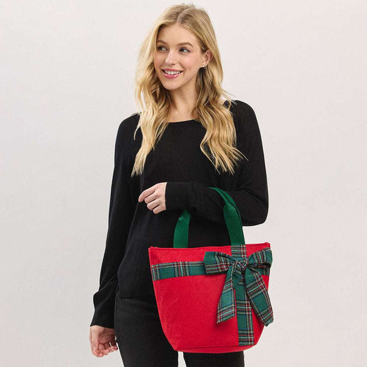Red Plaid Bow Accent Christmas Festive Tote Bag M H W ACCESSORIES LLC Red Plaid Bow Accent Christmas Festive Tote Bag