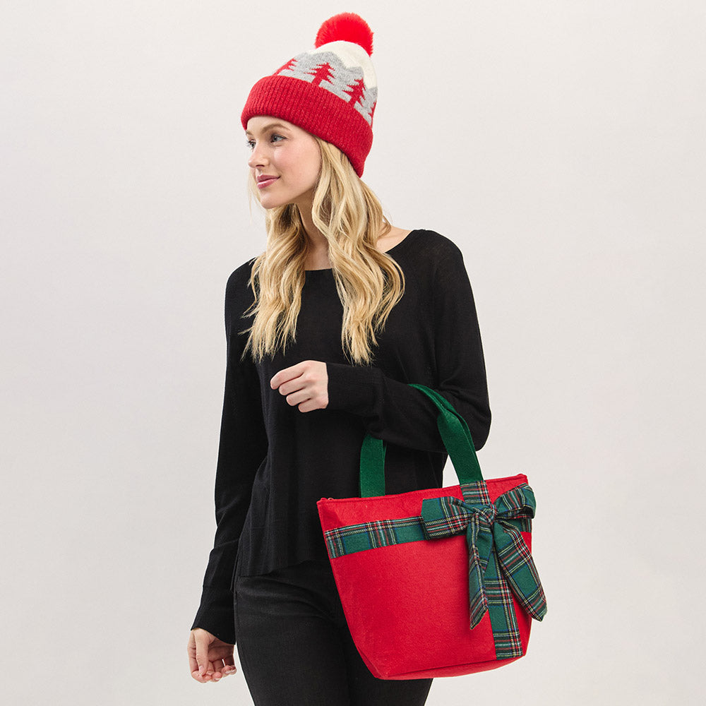 Red Plaid Bow Accent Christmas Festive Tote Bag M H W ACCESSORIES LLC Red Plaid Bow Accent Christmas Festive Tote Bag
