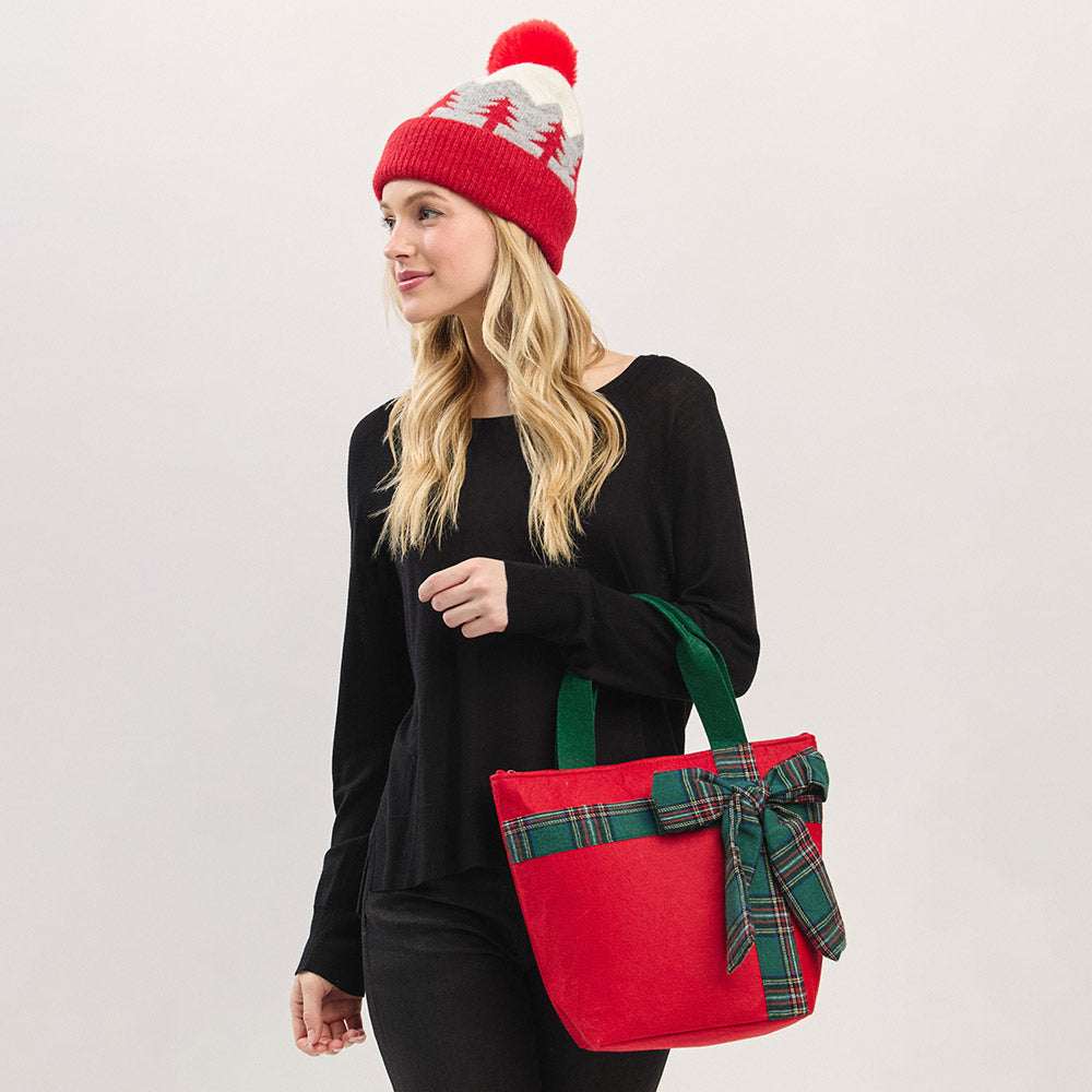 Red Plaid Bow Accent Christmas Festive Tote Bag M H W ACCESSORIES LLC Red Plaid Bow Accent Christmas Festive Tote Bag