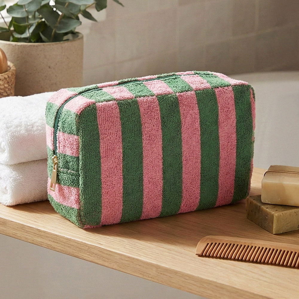 Pink & Green Striped Terry Cloth Cosmetic Pouch Bag M H W ACCESSORIES LLC Pink & Green Striped Terry Cloth Cosmetic Pouch Bag