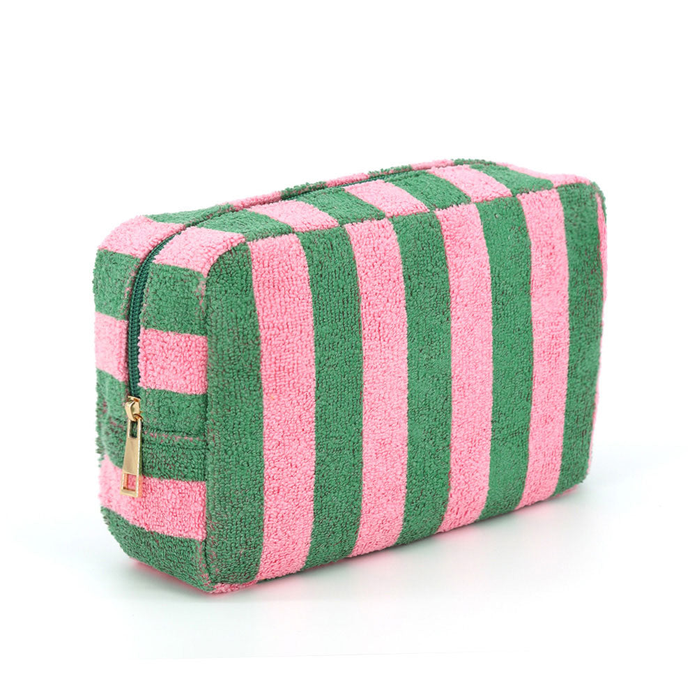 Pink & Green Striped Terry Cloth Cosmetic Pouch Bag M H W ACCESSORIES LLC Pink & Green Striped Terry Cloth Cosmetic Pouch Bag