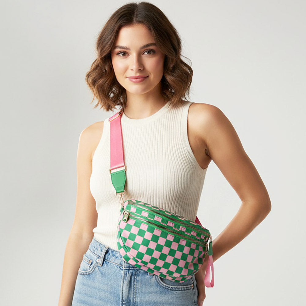 Pink & Green Checkered Pattern Crossbody Bag