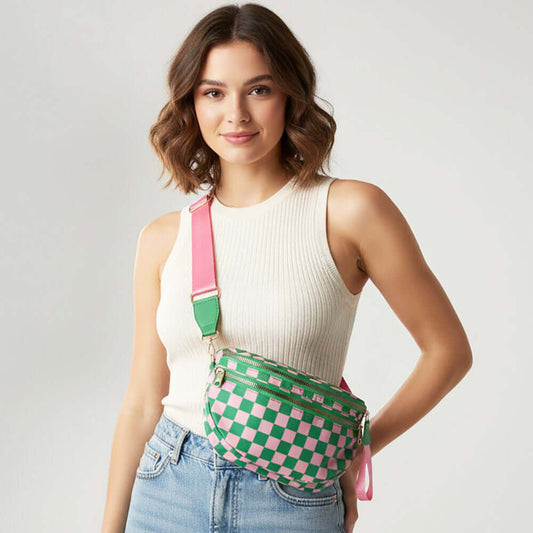 Pink & Green Checkered Pattern Crossbody Bag