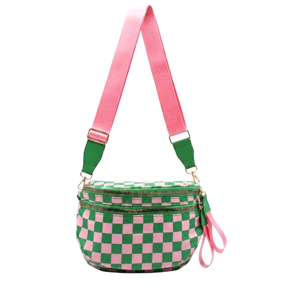 Pink & Green Checkered Pattern Crossbody Bag