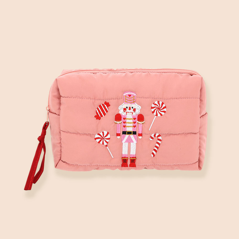 Nutcracker Holiday Candy Cane Embroidered Quilted Cosmetic Pouch Bag M H W ACCESSORIES LLC Nutcracker Holiday Candy Cane Embroidered Quilted Cosmetic Pouch Bag