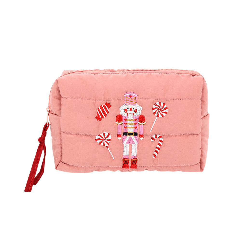 Nutcracker Holiday Candy Cane Embroidered Quilted Cosmetic Pouch Bag M H W ACCESSORIES LLC Nutcracker Holiday Candy Cane Embroidered Quilted Cosmetic Pouch Bag