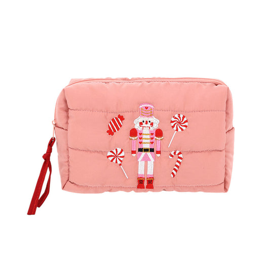 Nutcracker Holiday Candy Cane Embroidered Quilted Cosmetic Pouch Bag M H W ACCESSORIES LLC Nutcracker Holiday Candy Cane Embroidered Quilted Cosmetic Pouch Bag