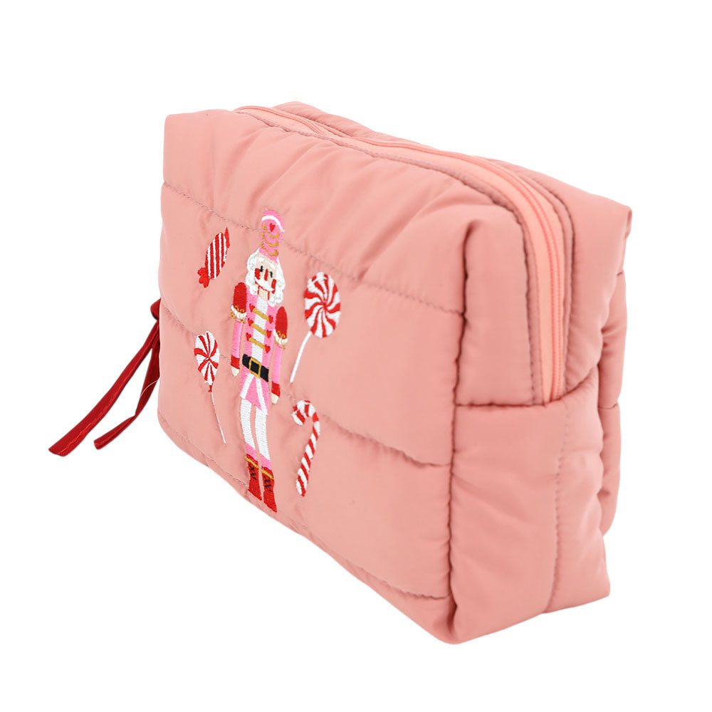 Nutcracker Holiday Candy Cane Embroidered Quilted Cosmetic Pouch Bag M H W ACCESSORIES LLC Nutcracker Holiday Candy Cane Embroidered Quilted Cosmetic Pouch Bag