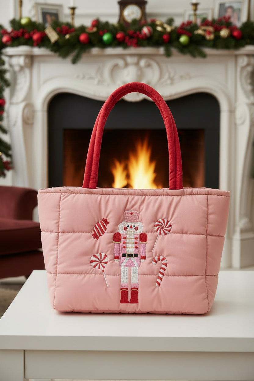 Nutcracker Holiday Candy Cane Embroidered Quilted Pink Tote Bag M H W ACCESSORIES LLC Nutcracker Holiday Candy Cane Embroidered Quilted Pink Tote Bag