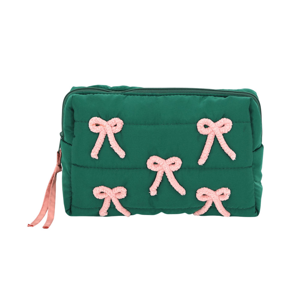 Pink & Green  Bow Embroidery Embellished Quilted Cosmetic Pouch Bag M H W ACCESSORIES LLC Pink & Green  Bow Embroidery Embellished Quilted Cosmetic Pouch Bag