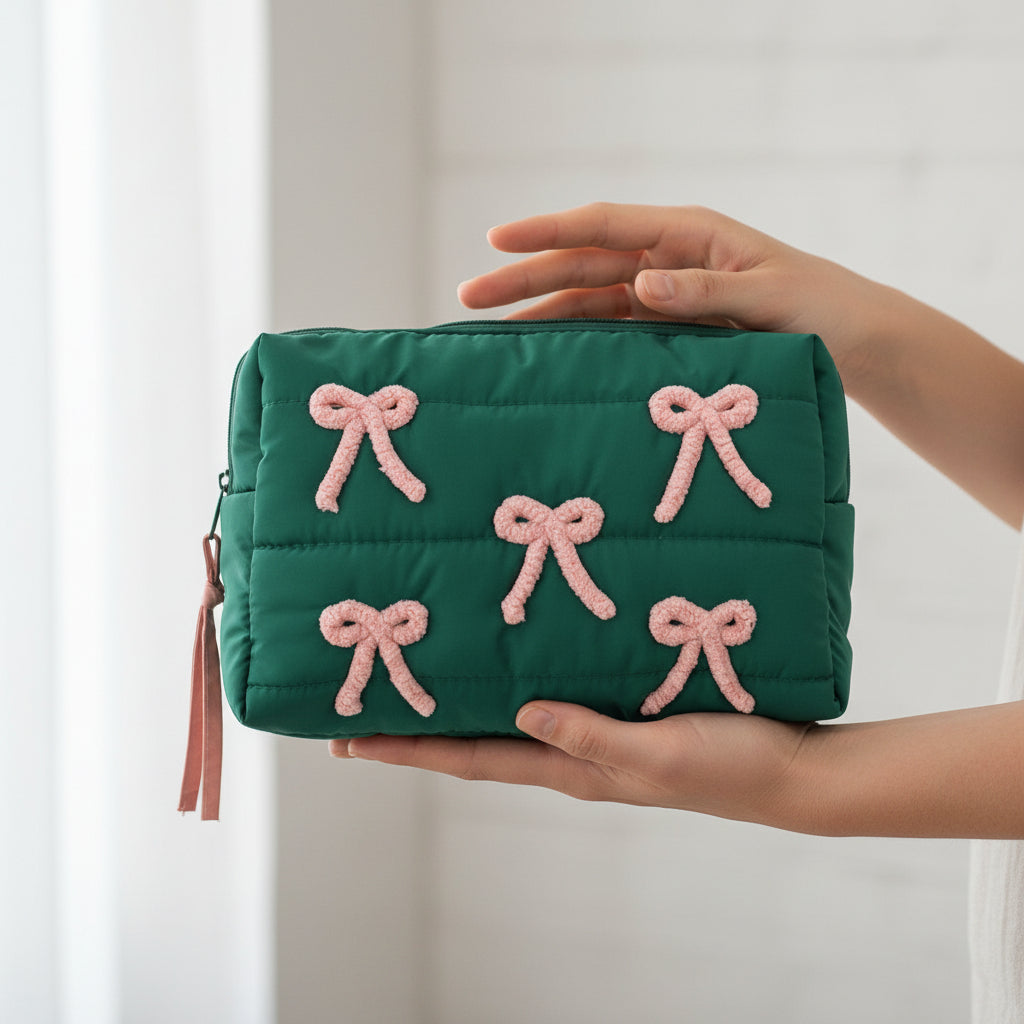 Pink & Green  Bow Embroidery Embellished Quilted Cosmetic Pouch Bag M H W ACCESSORIES LLC Pink & Green  Bow Embroidery Embellished Quilted Cosmetic Pouch Bag