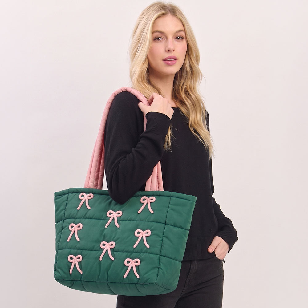 Pink & Green Bow Embroidery Embellished Quilted Shoulder Tote Bag M H W ACCESSORIES LLC Pink & Green Bow Embroidery Embellished Quilted Shoulder Tote Bag