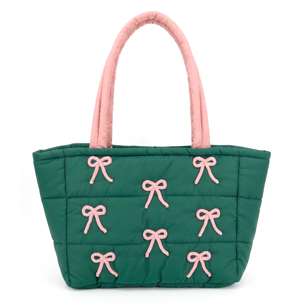Pink & Green Bow Embroidery Embellished Quilted Shoulder Tote Bag M H W ACCESSORIES LLC Pink & Green Bow Embroidery Embellished Quilted Shoulder Tote Bag