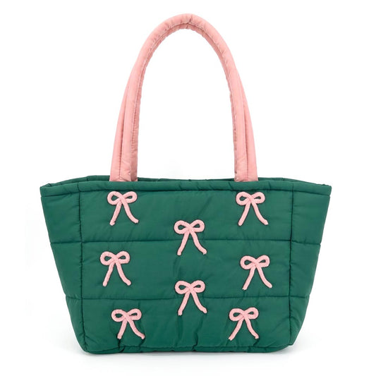 Pink & Green Bow Embroidery Embellished Quilted Shoulder Tote Bag M H W ACCESSORIES LLC Pink & Green Bow Embroidery Embellished Quilted Shoulder Tote Bag