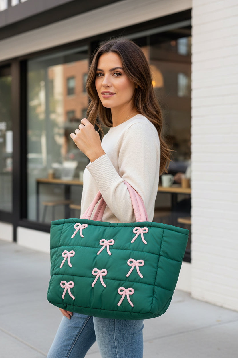 Pink & Green Bow Embroidery Embellished Quilted Shoulder Tote Bag M H W ACCESSORIES LLC Pink & Green Bow Embroidery Embellished Quilted Shoulder Tote Bag