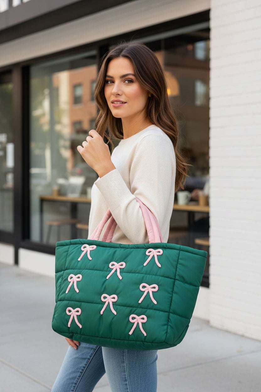Pink & Green Bow Embroidery Embellished Quilted Shoulder Tote Bag M H W ACCESSORIES LLC Pink & Green Bow Embroidery Embellished Quilted Shoulder Tote Bag