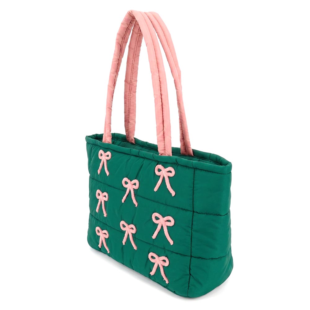 Pink & Green Bow Embroidery Embellished Quilted Shoulder Tote Bag M H W ACCESSORIES LLC Pink & Green Bow Embroidery Embellished Quilted Shoulder Tote Bag