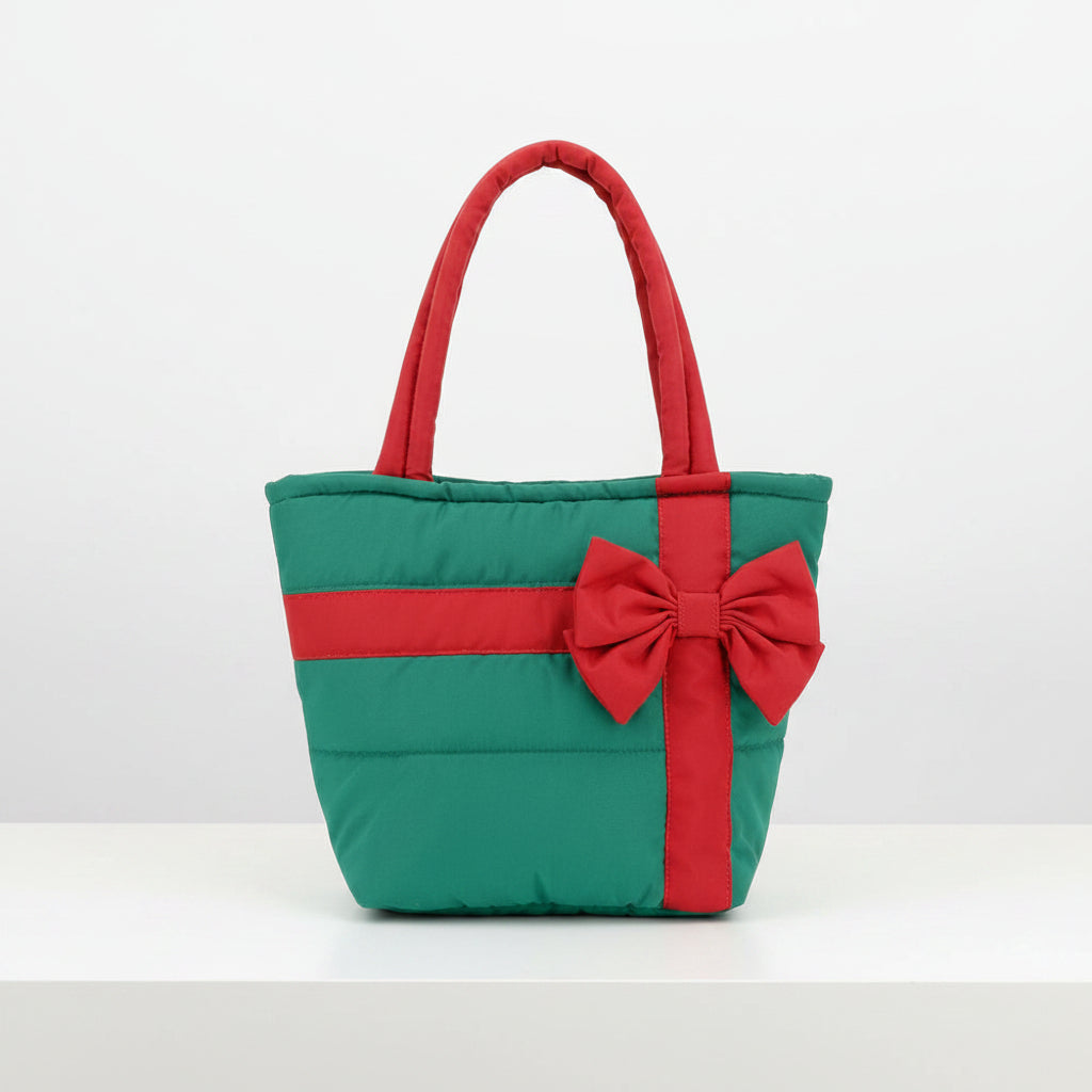 Green Plaid Bow Quilted Christmas Festive Tote Bag M H W ACCESSORIES LLC Green Plaid Bow Quilted Christmas Festive Tote Bag
