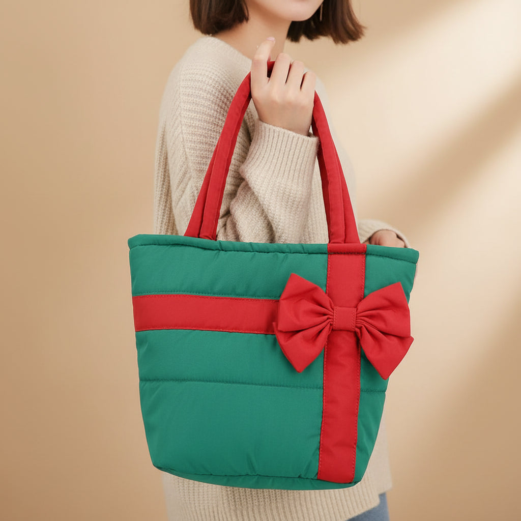 Green Plaid Bow Quilted Christmas Festive Tote Bag M H W ACCESSORIES LLC Green Plaid Bow Quilted Christmas Festive Tote Bag