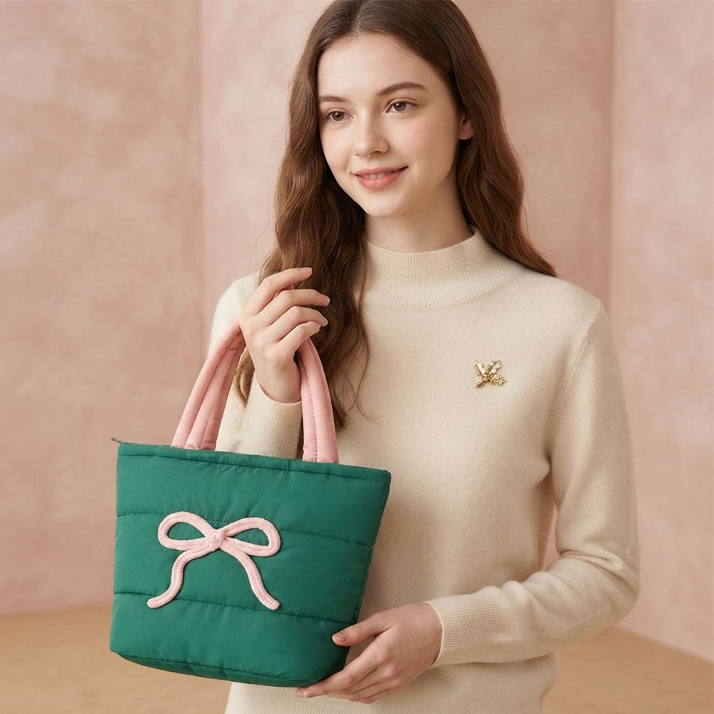 Pink & Green Bow Embroidery Accent Quilted Shoulder Tote Bag M H W ACCESSORIES LLC Pink & Green Bow Embroidery Accent Quilted Shoulder Tote Bag
