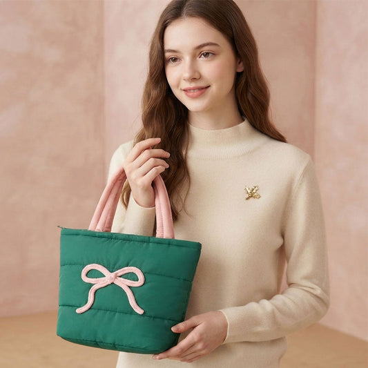 Pink & Green Bow Embroidery Accent Quilted Shoulder Tote Bag M H W ACCESSORIES LLC Pink & Green Bow Embroidery Accent Quilted Shoulder Tote Bag