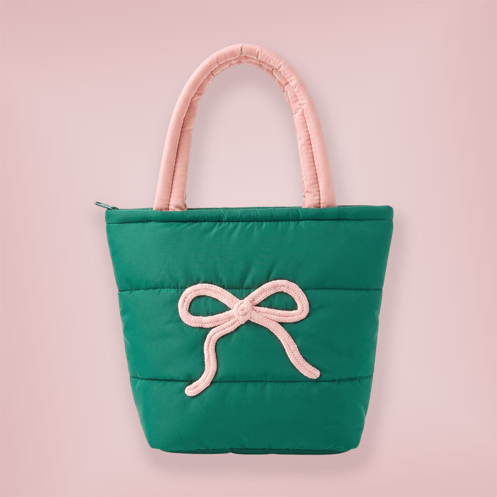 Pink & Green Bow Embroidery Accent Quilted Shoulder Tote Bag M H W ACCESSORIES LLC Pink & Green Bow Embroidery Accent Quilted Shoulder Tote Bag