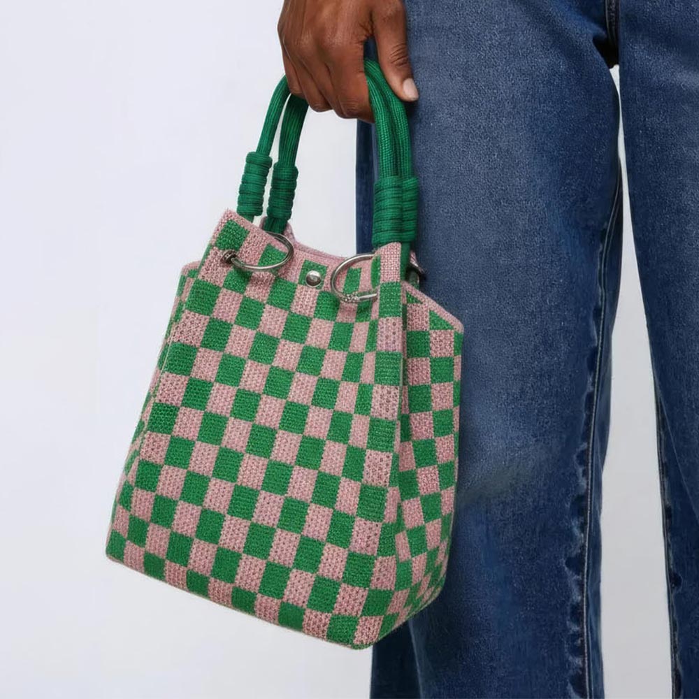 Checkered Woven Pink & Green Fabric Top Handle Bucket Handbag M H W ACCESSORIES LLC Checkered Woven Pink & Green Fabric Top Handle Bucket Handbag