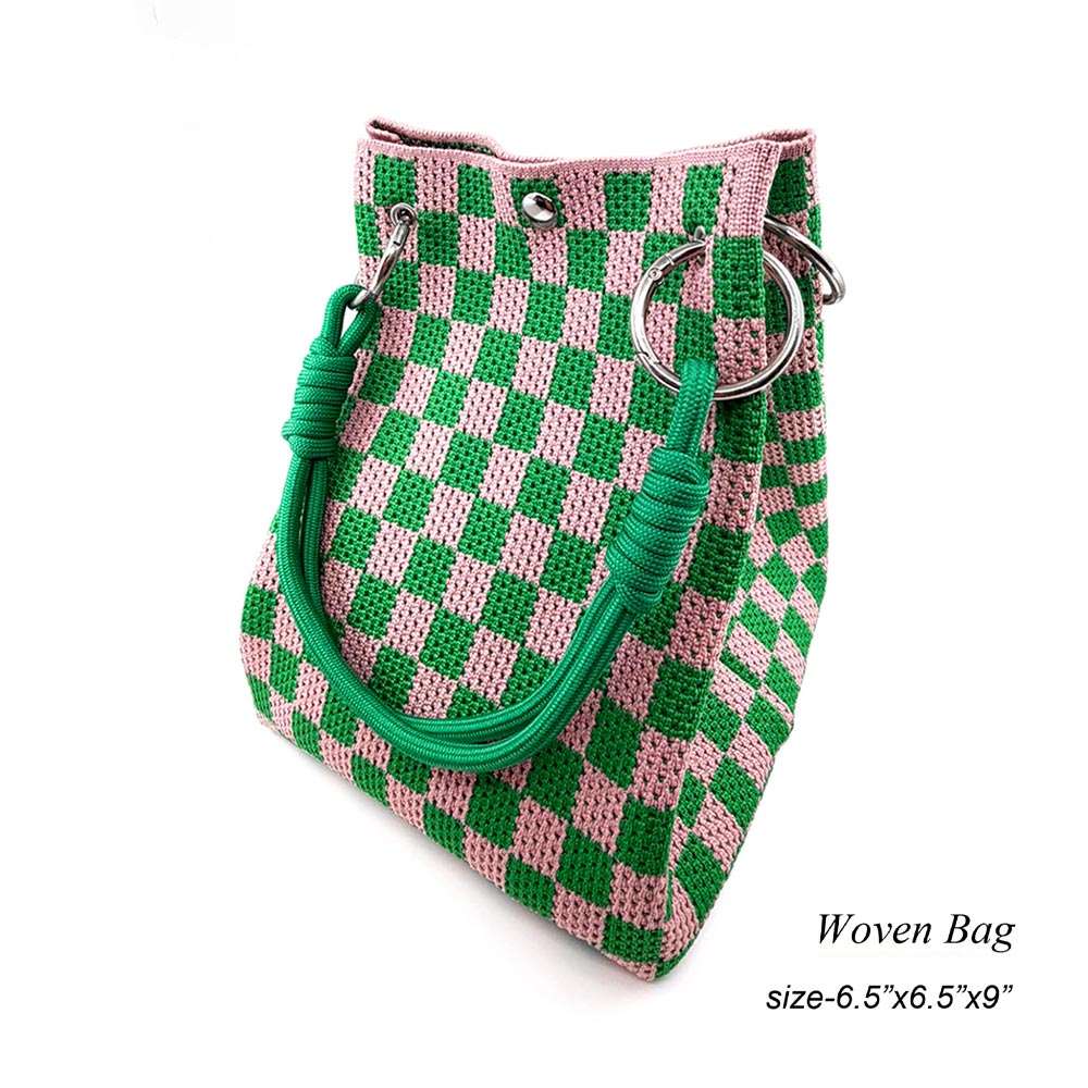 Checkered Woven Pink & Green Fabric Top Handle Bucket Handbag M H W ACCESSORIES LLC Checkered Woven Pink & Green Fabric Top Handle Bucket Handbag