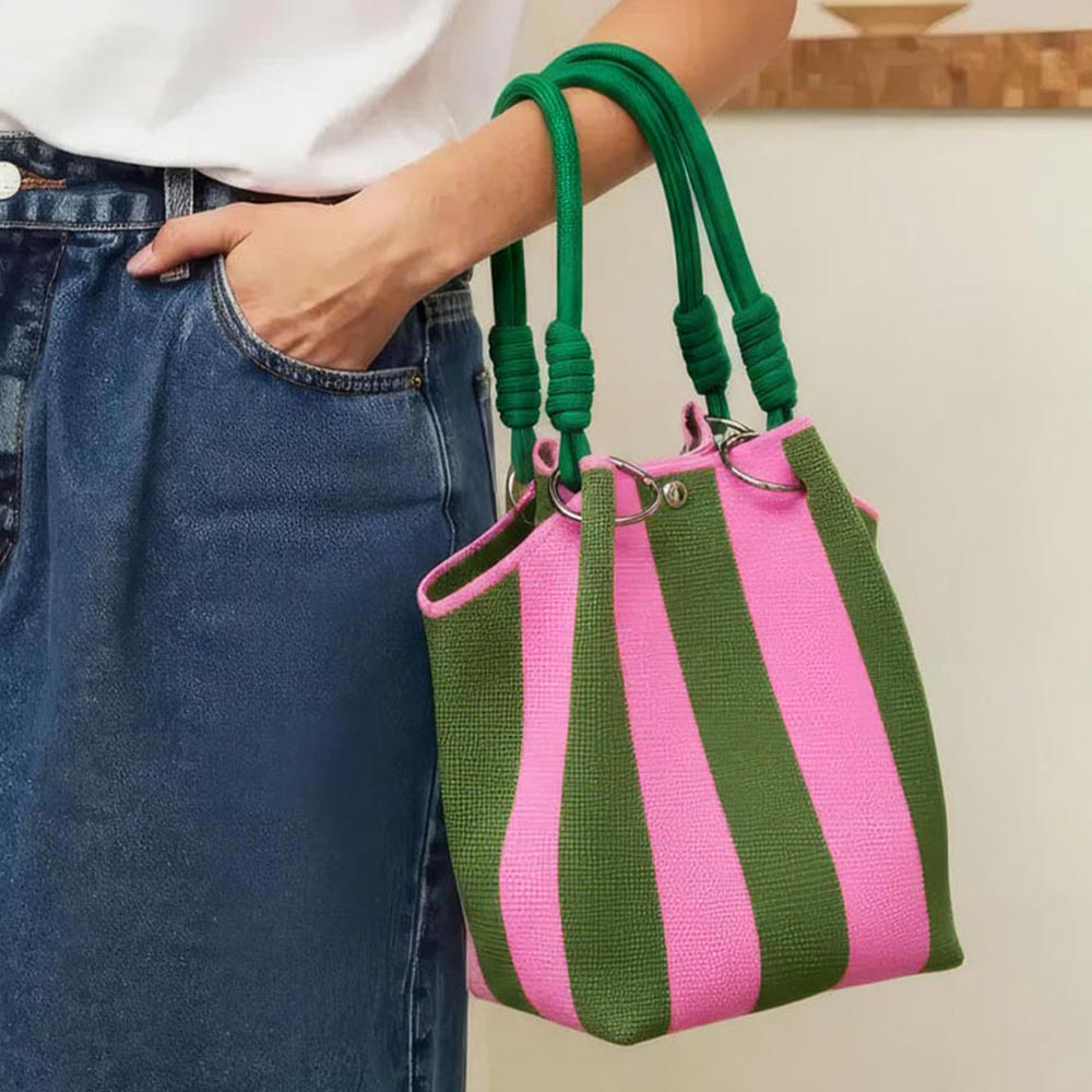 Striped Woven Fabric Top Handle Bucket Handbag for Women M H W ACCESSORIES LLC Striped Woven Fabric Top Handle Bucket Handbag for Women