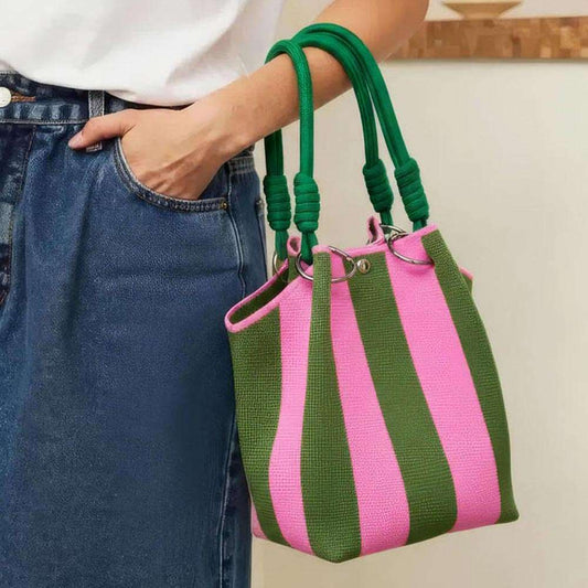 Striped Woven Fabric Top Handle Bucket Handbag for Women M H W ACCESSORIES LLC Striped Woven Fabric Top Handle Bucket Handbag for Women
