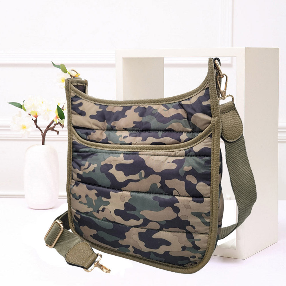 Camouflage Quilted Shiny Puffer Crossbody Bag M H W ACCESSORIES LLC Camouflage Quilted Shiny Puffer Crossbody Bag