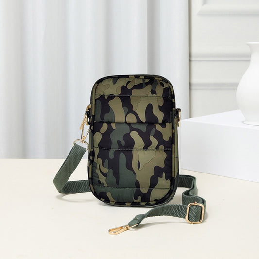 Green Camouflage Patterned Puffer Rectangle Crossbody Bag