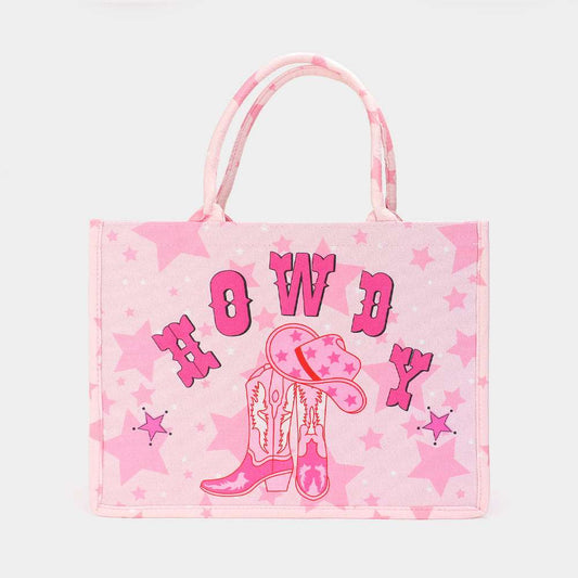 Pink HOWDY Cowboy Boots Printed Tote Bag- M H W ACCESSORIES - M H W ACCESSORIES LLC