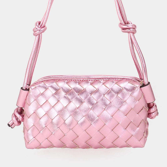 Pink Metallic Faux Leather Weaved Crossbody Bag - M H W ACCESSORIES LLC