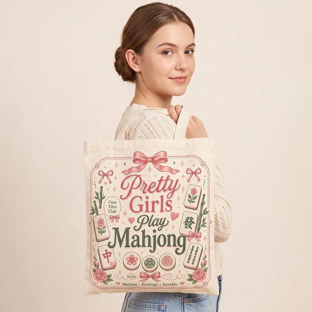 Pink & Green Pretty Girls Play Mahjong Tote Bag M H W ACCESSORIES LLC Pink & Green Pretty Girls Play Mahjong Tote Bag
