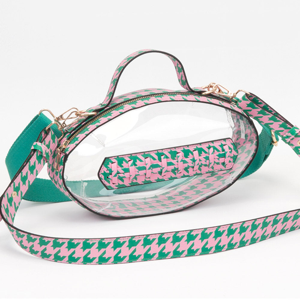 Pink & Green Houndstooth Football Shaped Transparent Crossbody Bag M H W ACCESSORIES LLC Pink & Green Houndstooth Football Shaped Transparent Crossbody Bag