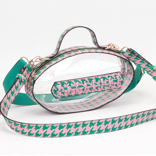 Pink & Green Houndstooth Football Shaped Transparent Crossbody Bag M H W ACCESSORIES LLC Pink & Green Houndstooth Football Shaped Transparent Crossbody Bag