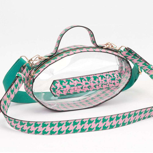 Pink & Green Houndstooth Football Shaped Transparent Crossbody Bag M H W ACCESSORIES LLC Pink & Green Houndstooth Football Shaped Transparent Crossbody Bag