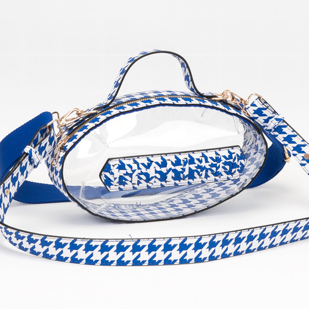 Blue & White Houndstooth Football Shaped Transparent Crossbody Bag M H W ACCESSORIES LLC Blue & White Houndstooth Football Shaped Transparent Crossbody Bag