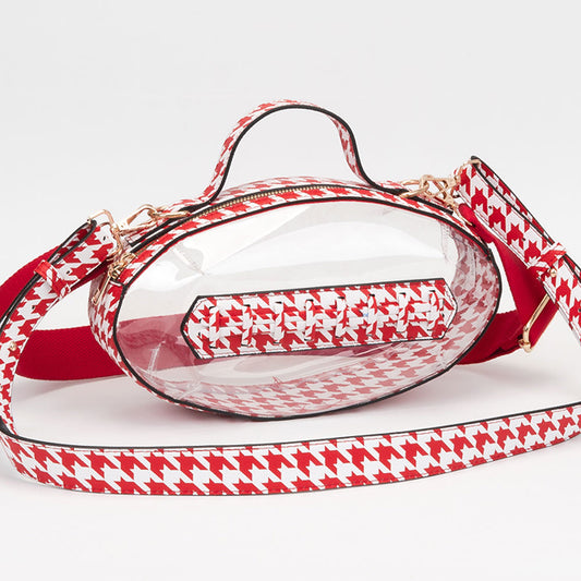 Red & White Houndstooth Football Shaped Transparent Crossbody Bag M H W ACCESSORIES LLC Red & White Houndstooth Football Shaped Transparent Crossbody Bag