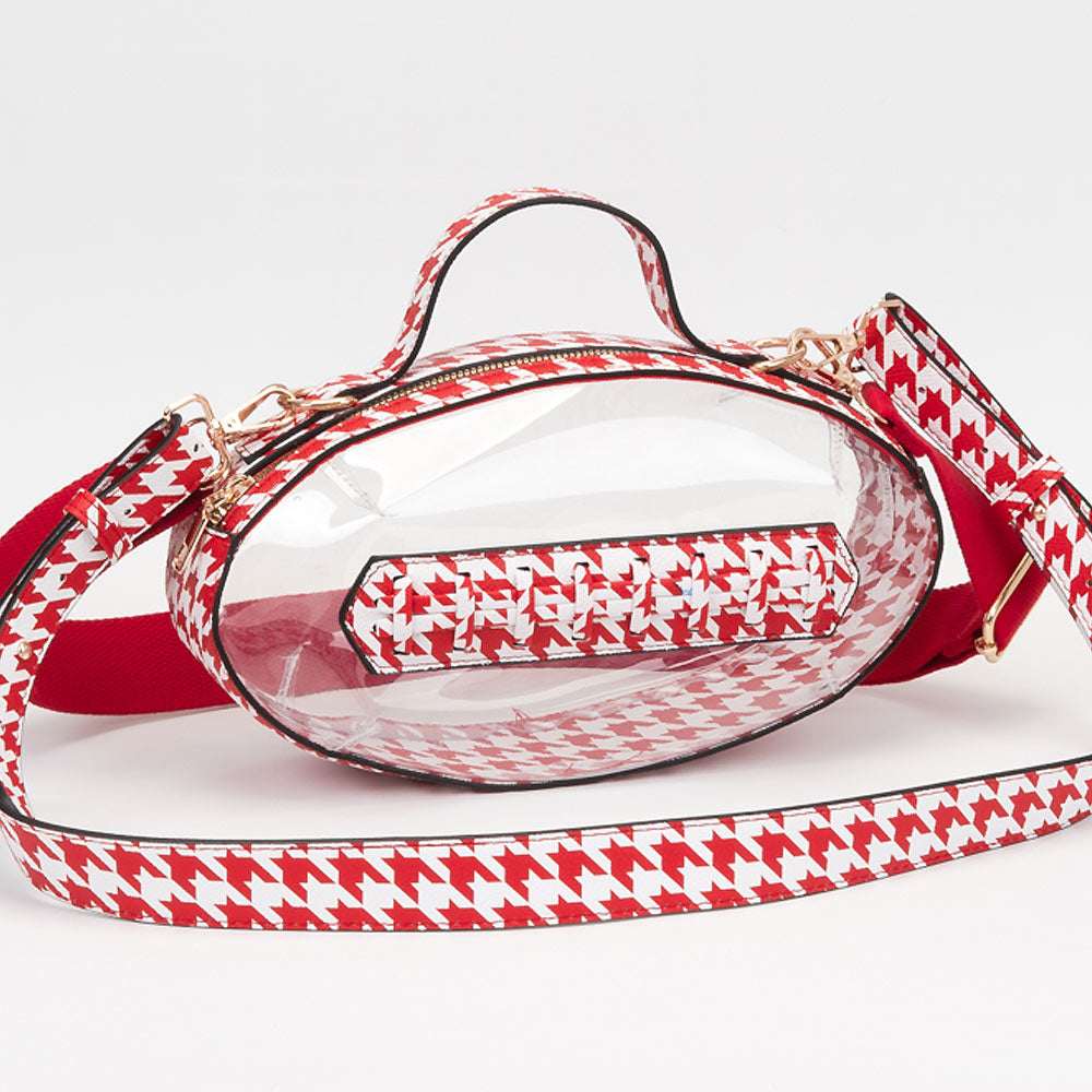Red & White Houndstooth Football Shaped Transparent Crossbody Bag M H W ACCESSORIES LLC Red & White Houndstooth Football Shaped Transparent Crossbody Bag